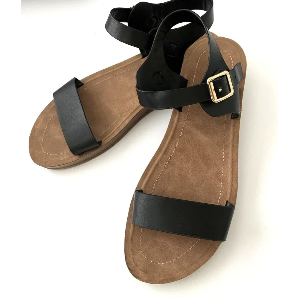 Bamboo Womens Classic Sandals Black/Brown Strappy Size 8 Flat Minimalist Modern